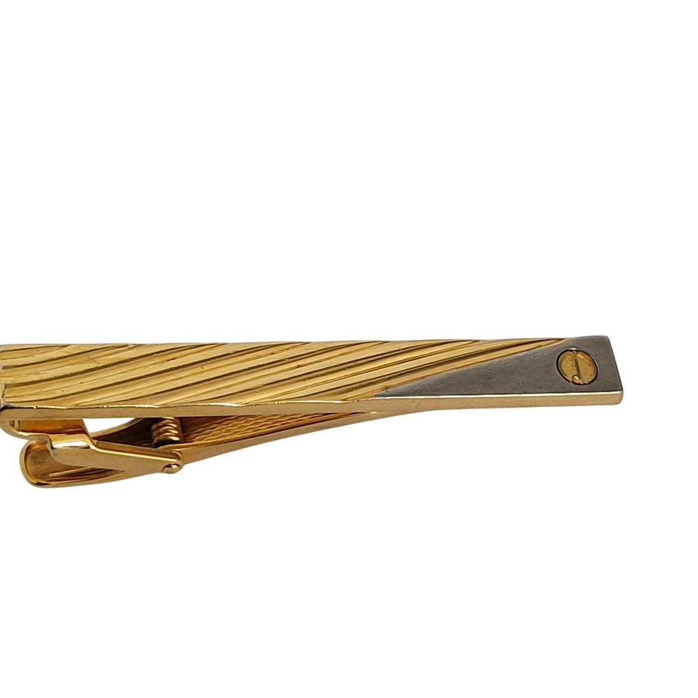 Dunhill Mens Gold Tone Ribbed Tie Clip Two Tone Silver Accent Screw Detail 2in